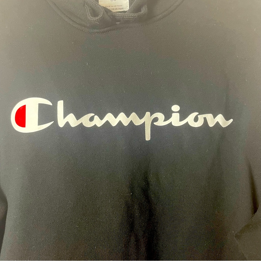 Champion Sweatshirt Hooded Front Pocket Long Sleeves Black Large